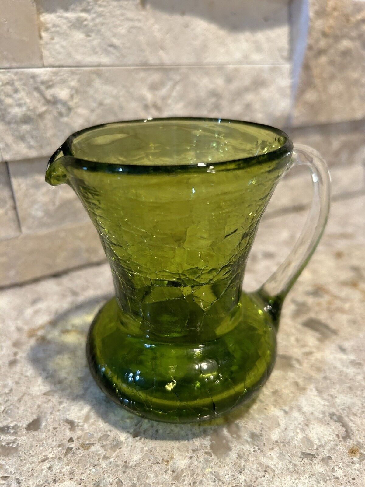 Vintage Pilgrim Glass Avocado Green Crackle Glass Pitcher Hand Blown 3.5”