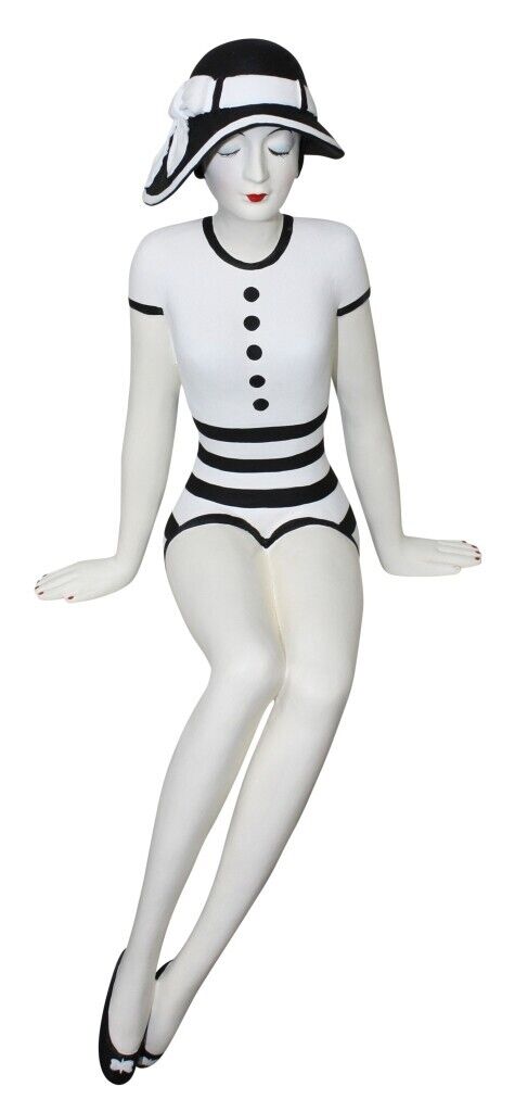 BATHING BEAUTY FIGURINE IN BLACK AND WHITE SWIMSUIT AND SUN HAT - SHELF SITTER
