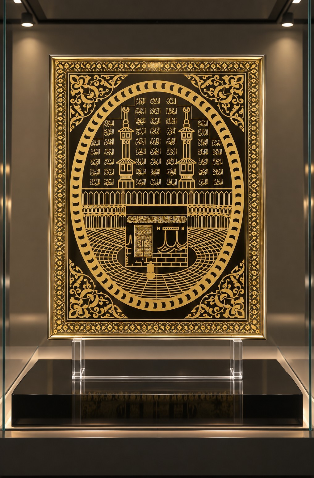 Ottoman Islamic Reverse Glass Painting Depicting Mecca with Asma-ul-Husna