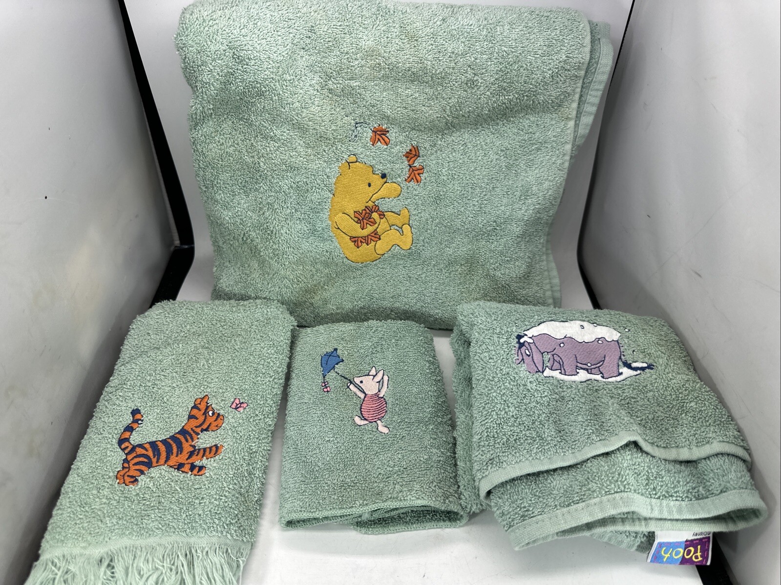 Vtg 4pc  Winnie The Pooh Spring Maid Teal Bath Hand Towel Washcloth Set Cotton