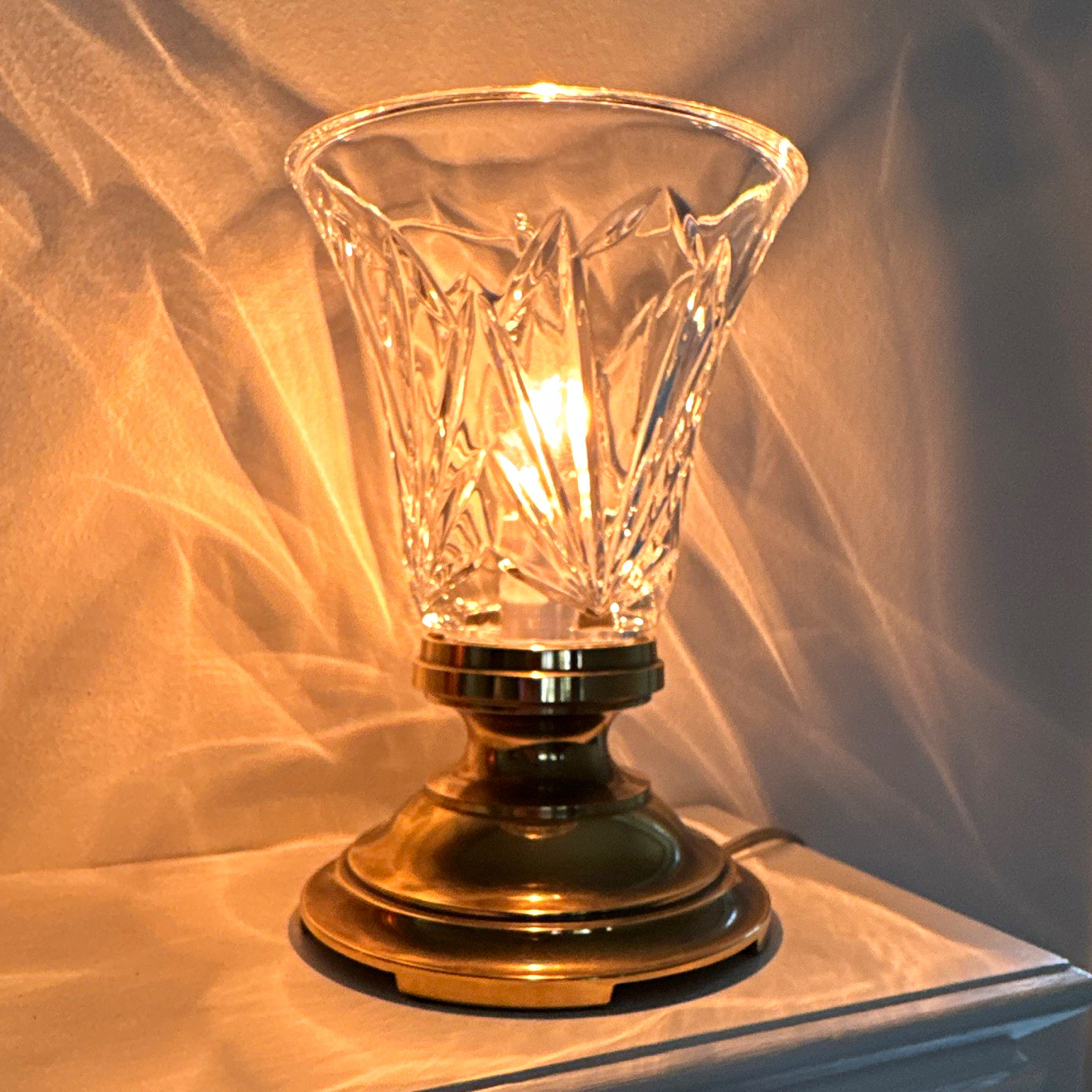 Stiffel Crystal and Brass Torchiere Accent Table Lamp Cord Switch 7.5” 