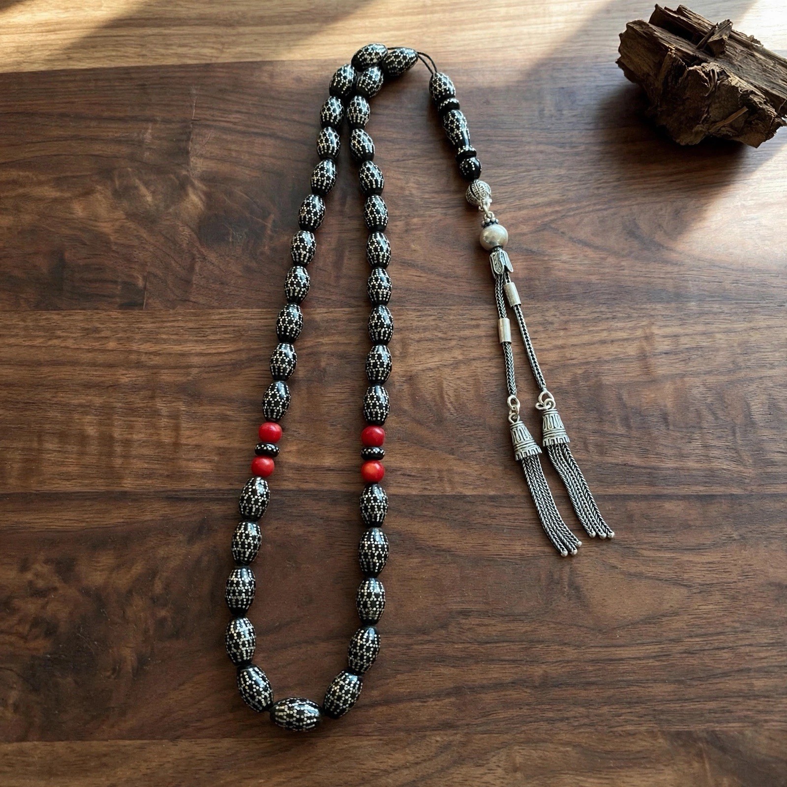 Antique Black Coral Yusr Tasbih 925 Silver Honeycomb Red Tunisian Coral 35.4g 