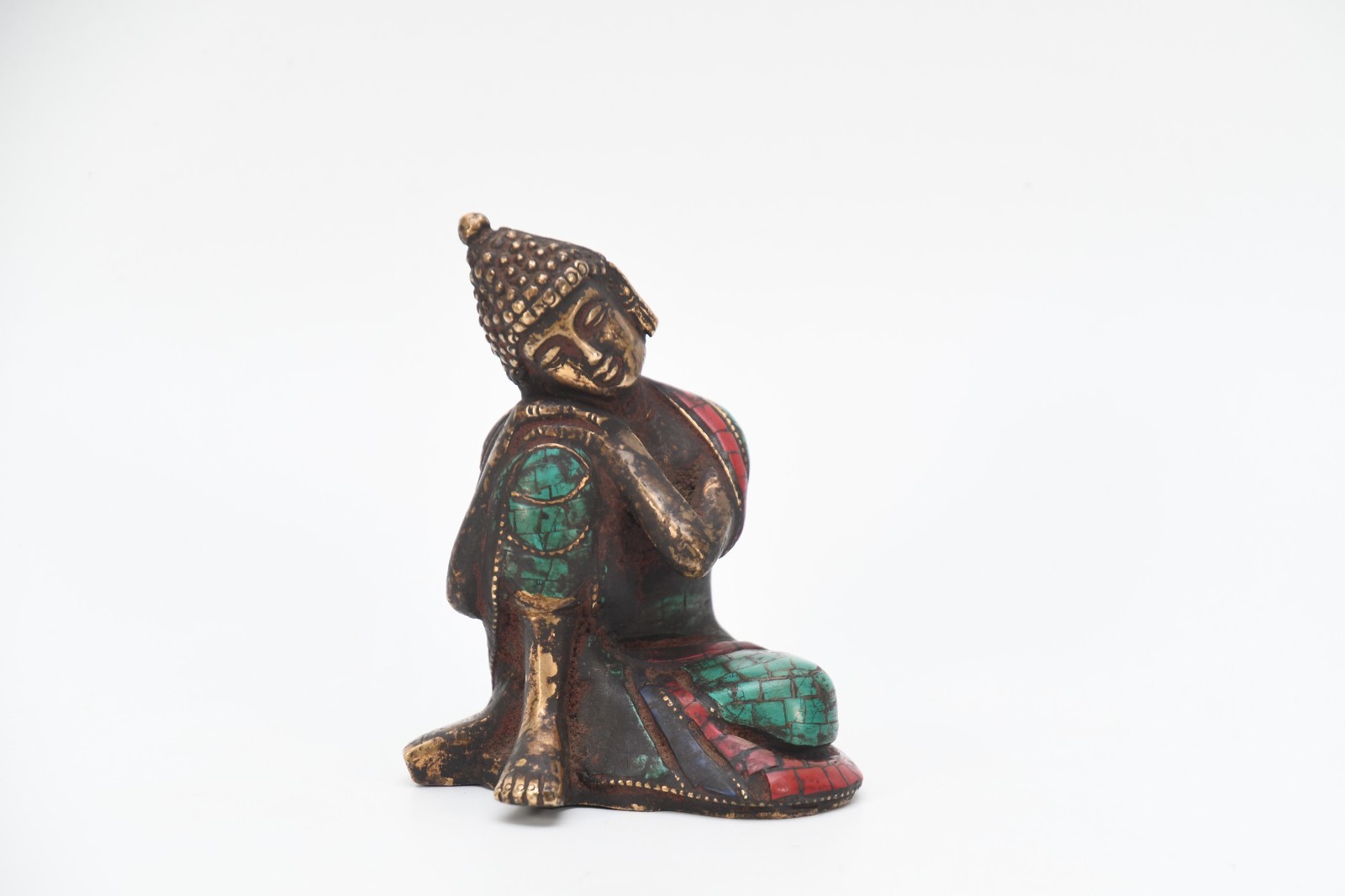 Brass Resting Buddha Statue with Turquoise Coral Inlay, Thinking Buddha Figure,