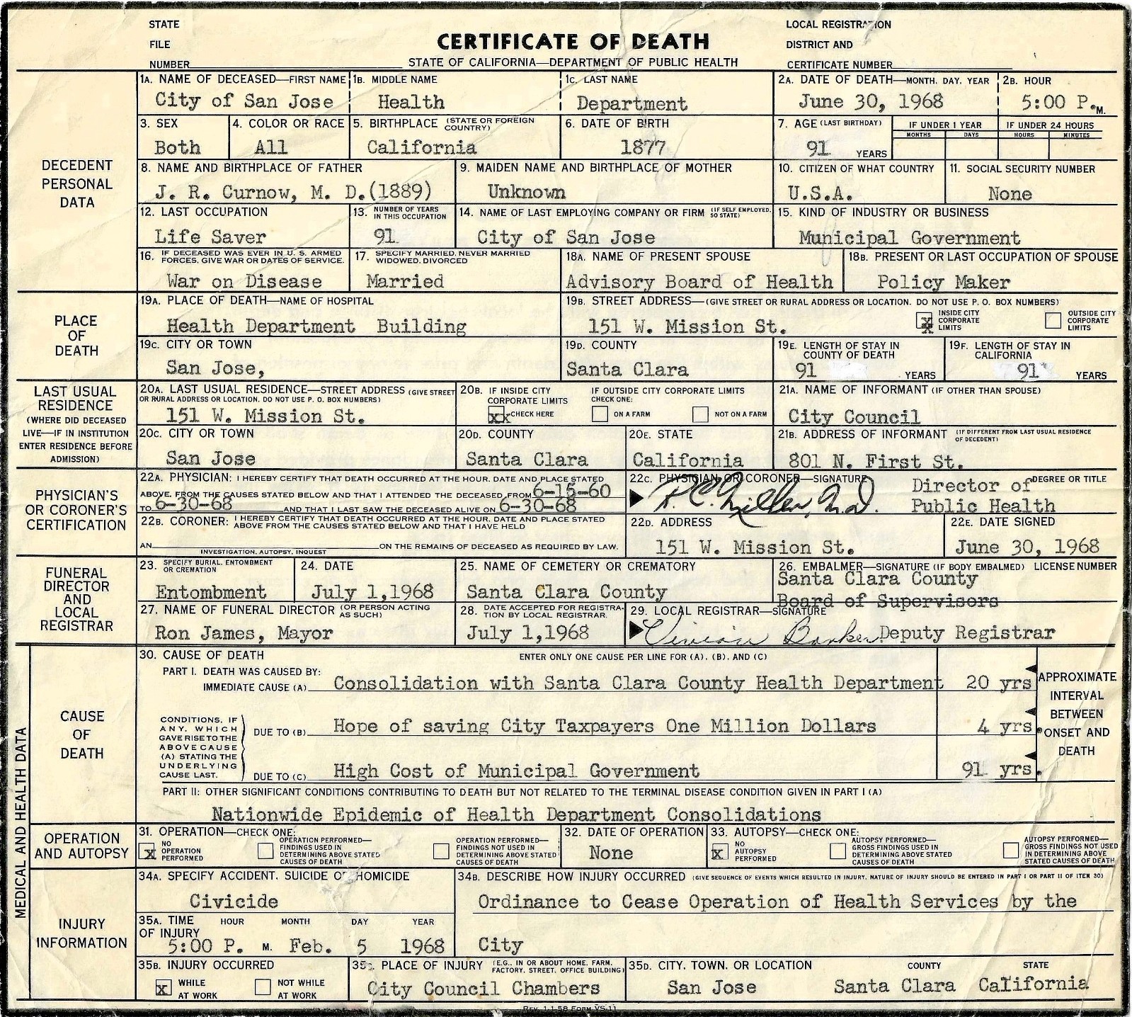 1968 San Jose Health Dept “Certificate of Death” Original Political Satire Doc
