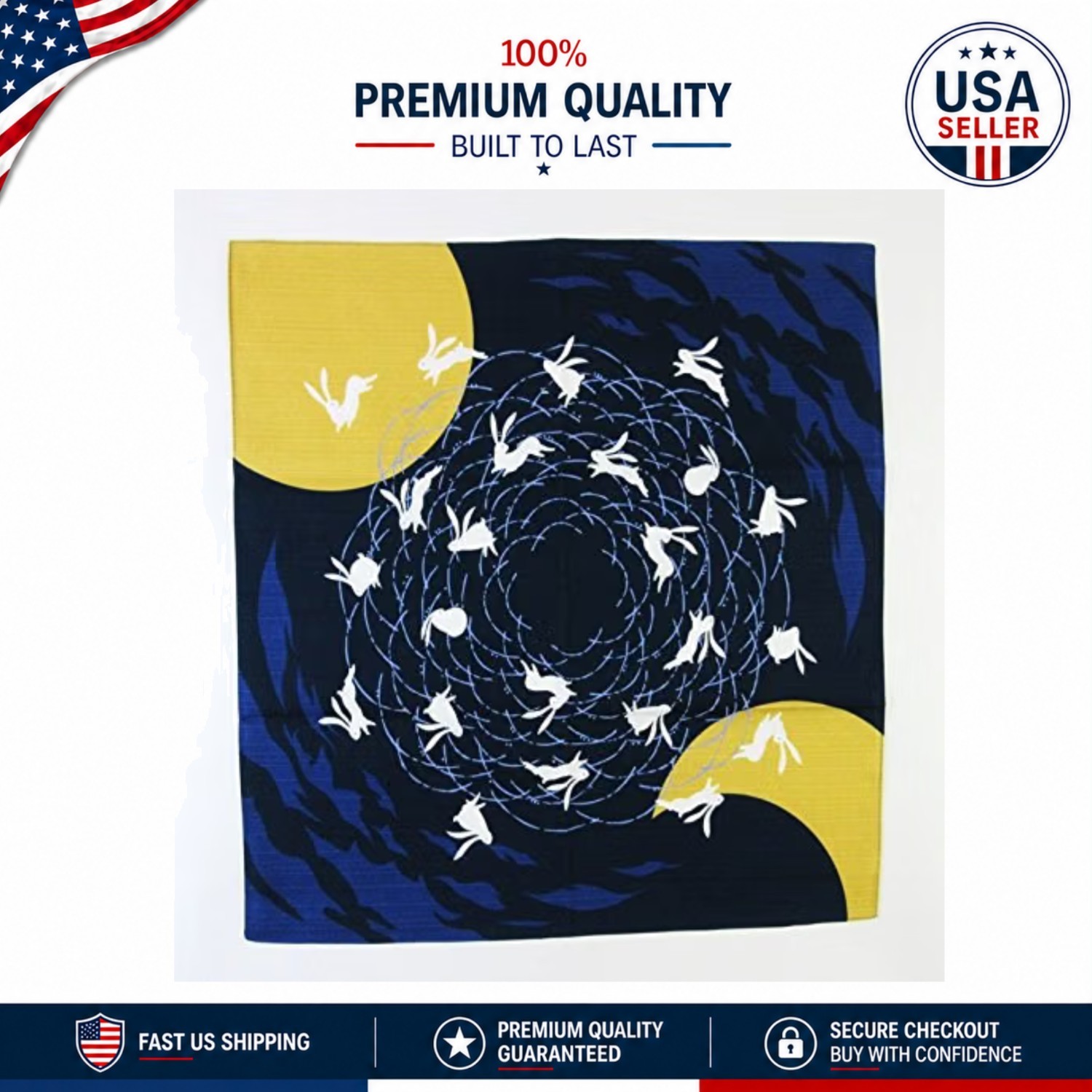 Elegant 19x19 Navy Blue Furoshiki Wrapping Cloth - Moon Dancing Rabbit Design Elegant 19x19 Navy Blue Furoshiki Wrapping Cloth - Moon Dancing Rabbit Design
