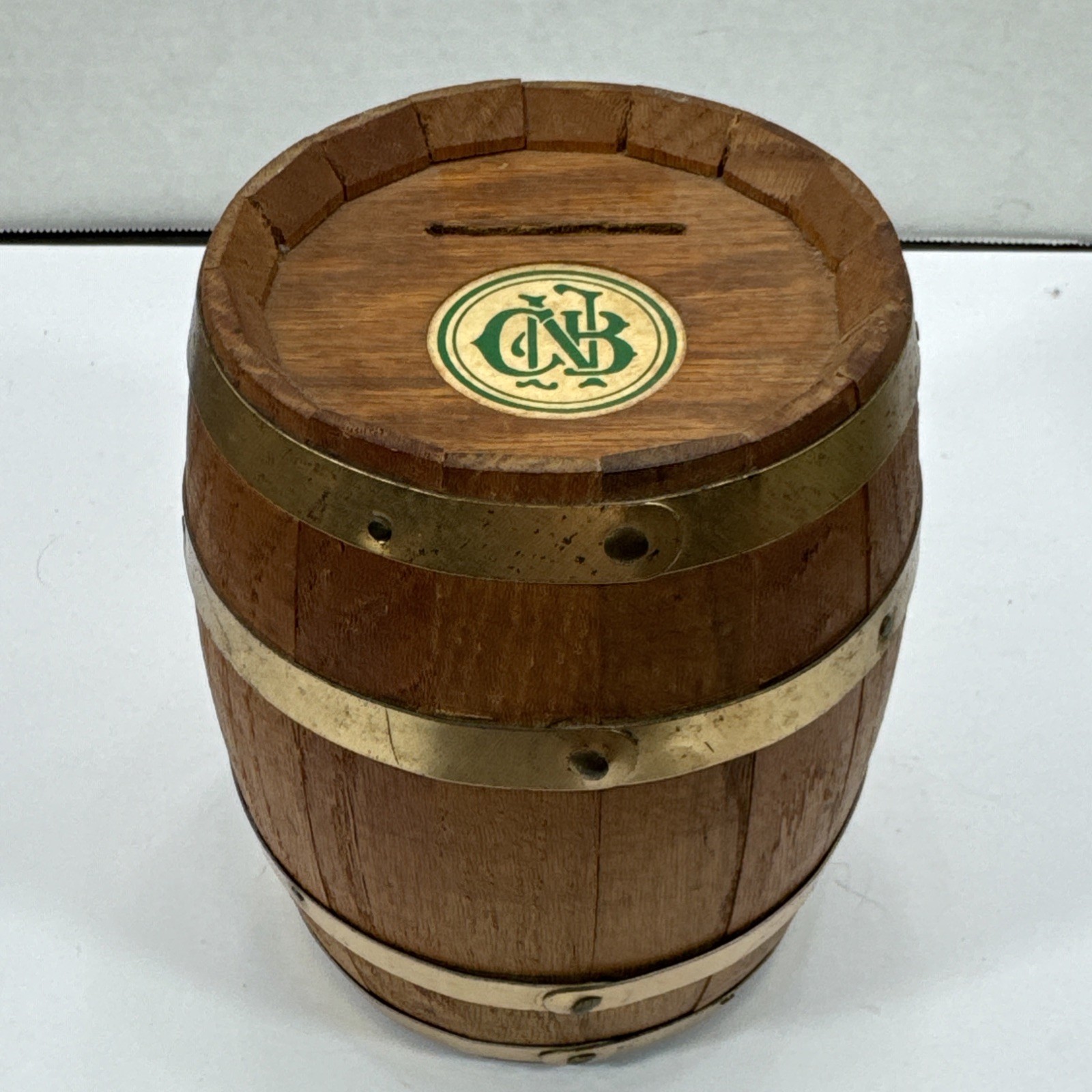 Vintage Citizens National Bank Wooden Barrel Coin Bank / Money Keg Large 6”x 5”