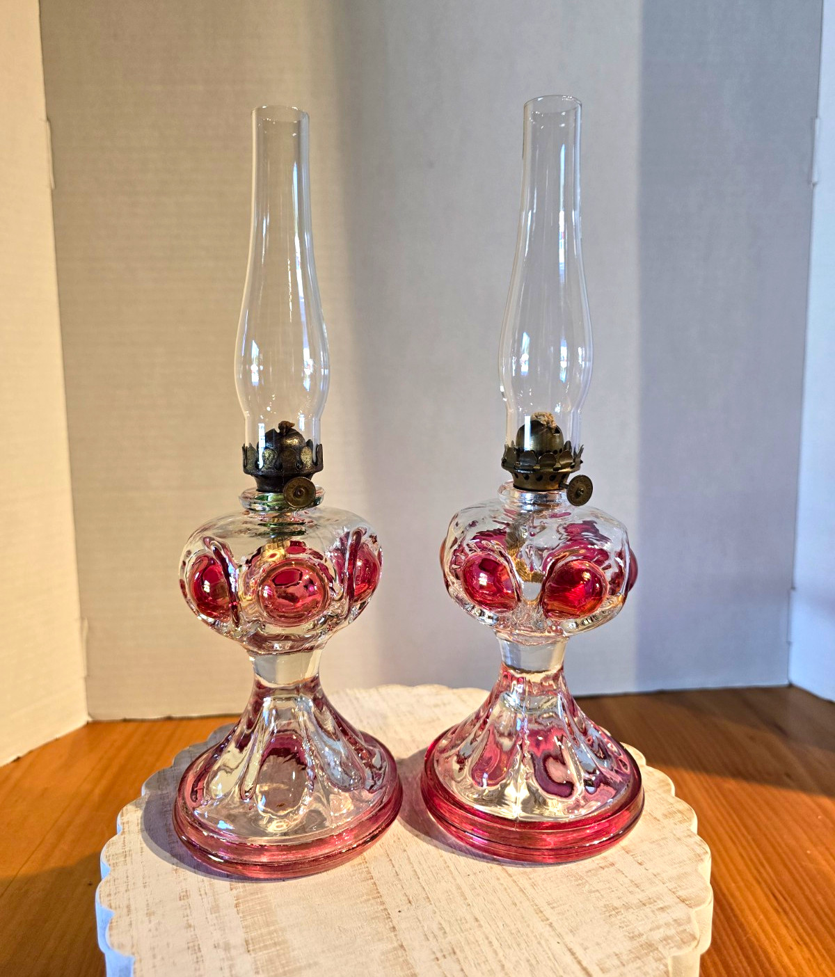 Pair of Vintage Kings Crown Ruby Flash Miniature Oil Lamps-Tiffin Glass Bullseye
