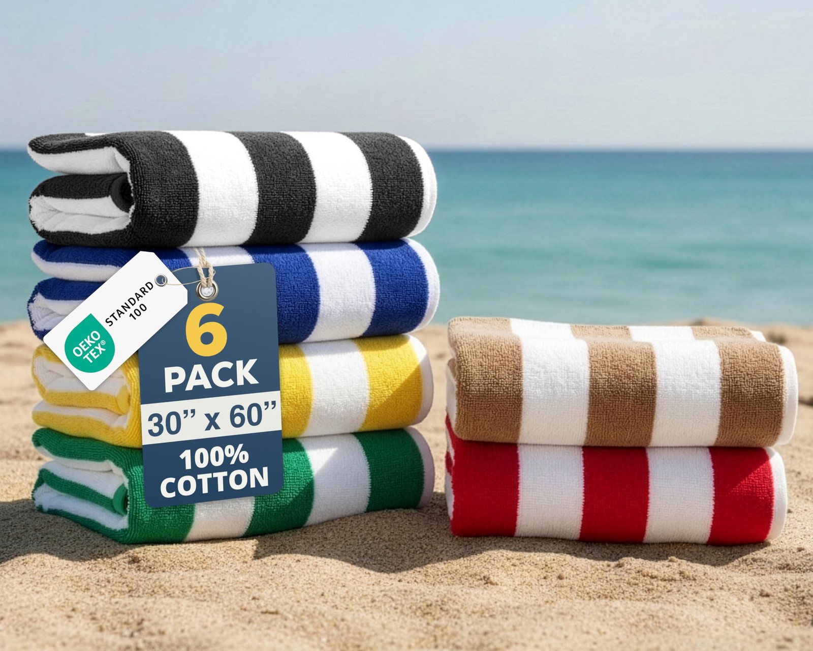LANE LINEN Cabana Stripe Beach Towels 6 Pack - Tropical Escape