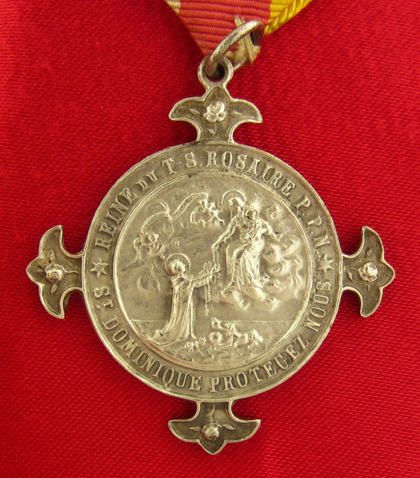 Vintage MARY Medal LOURDES QUEEN OF ROSARY Catholic SAINT DOMINIC Pendant Large
