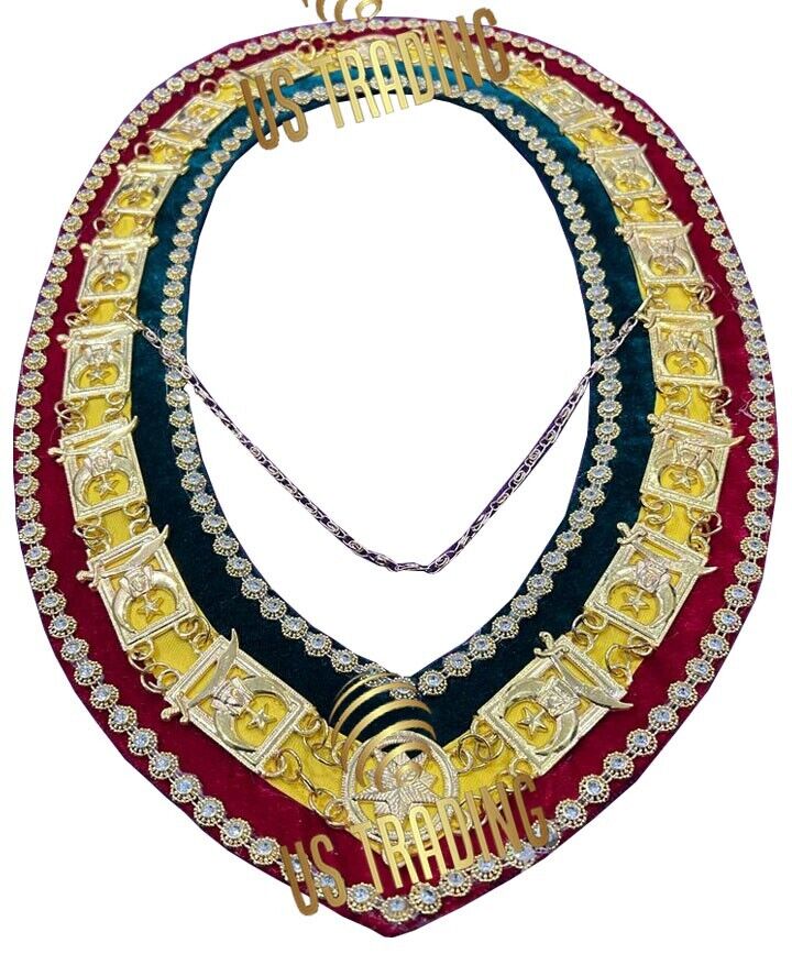 Deluxe Masonic Shriners Collar with Tri-Color Rhinestones Adorning Chain Collar