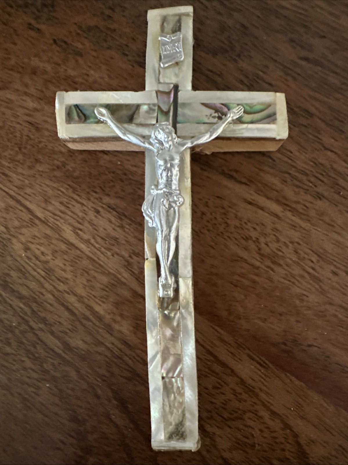Vtg Mother Of Pearl Crucifix W/ Jerusalem Stamps Jesus On The Cross Religious