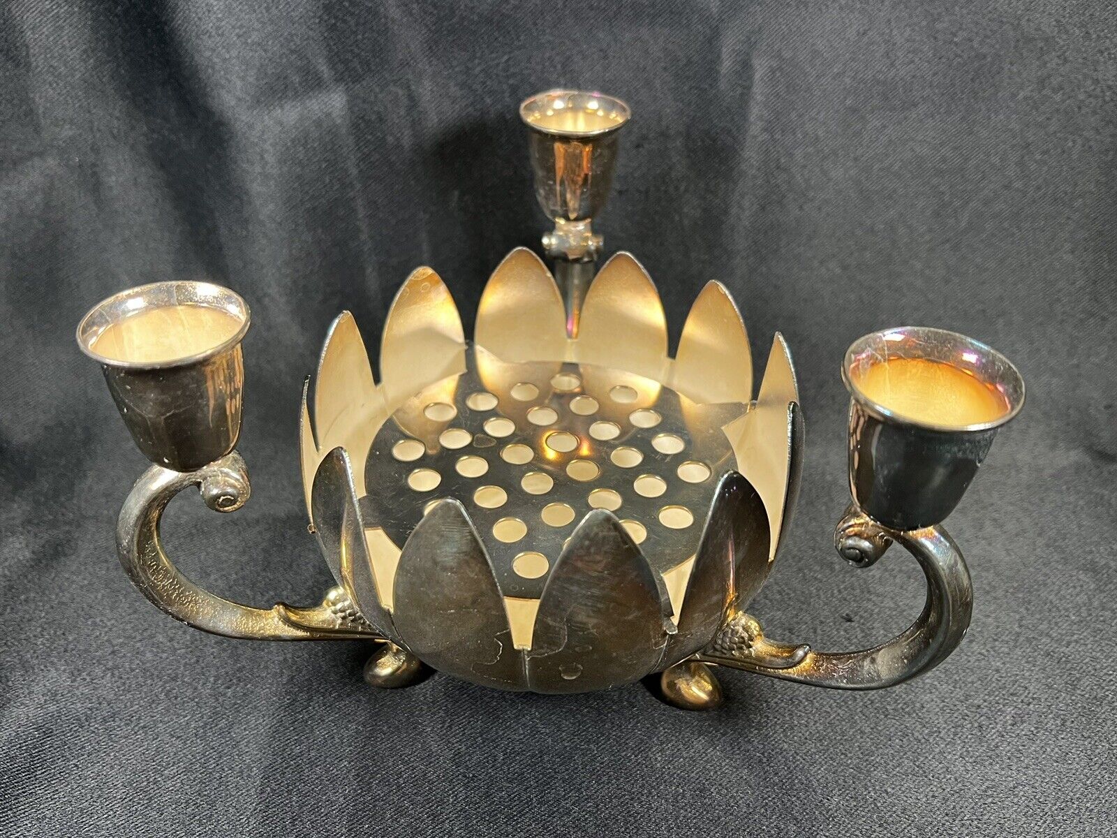 VTG Silver Plated Lotus Flower Candle Holder with Flower Frog Center Made Italy