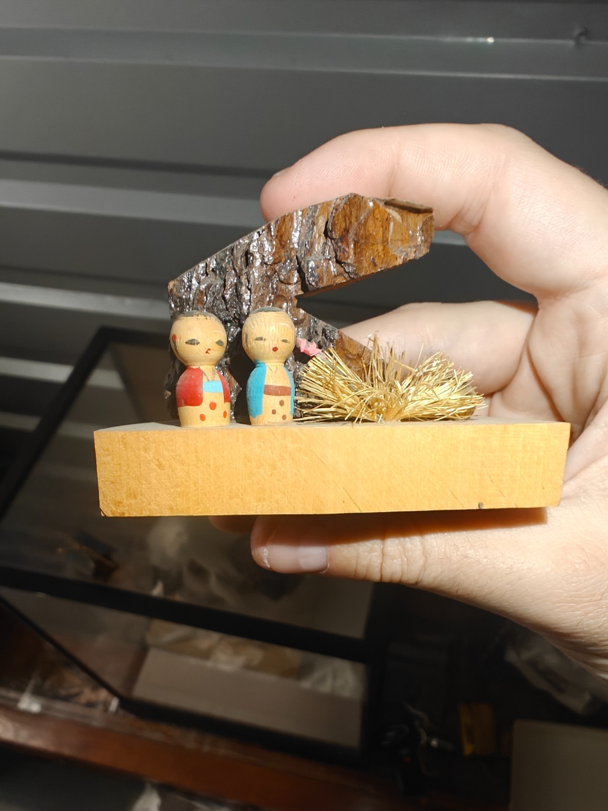Vintage Japanese Kokeshi Doll Miniature Wood Bark Diorama Lake Towada Folk Art