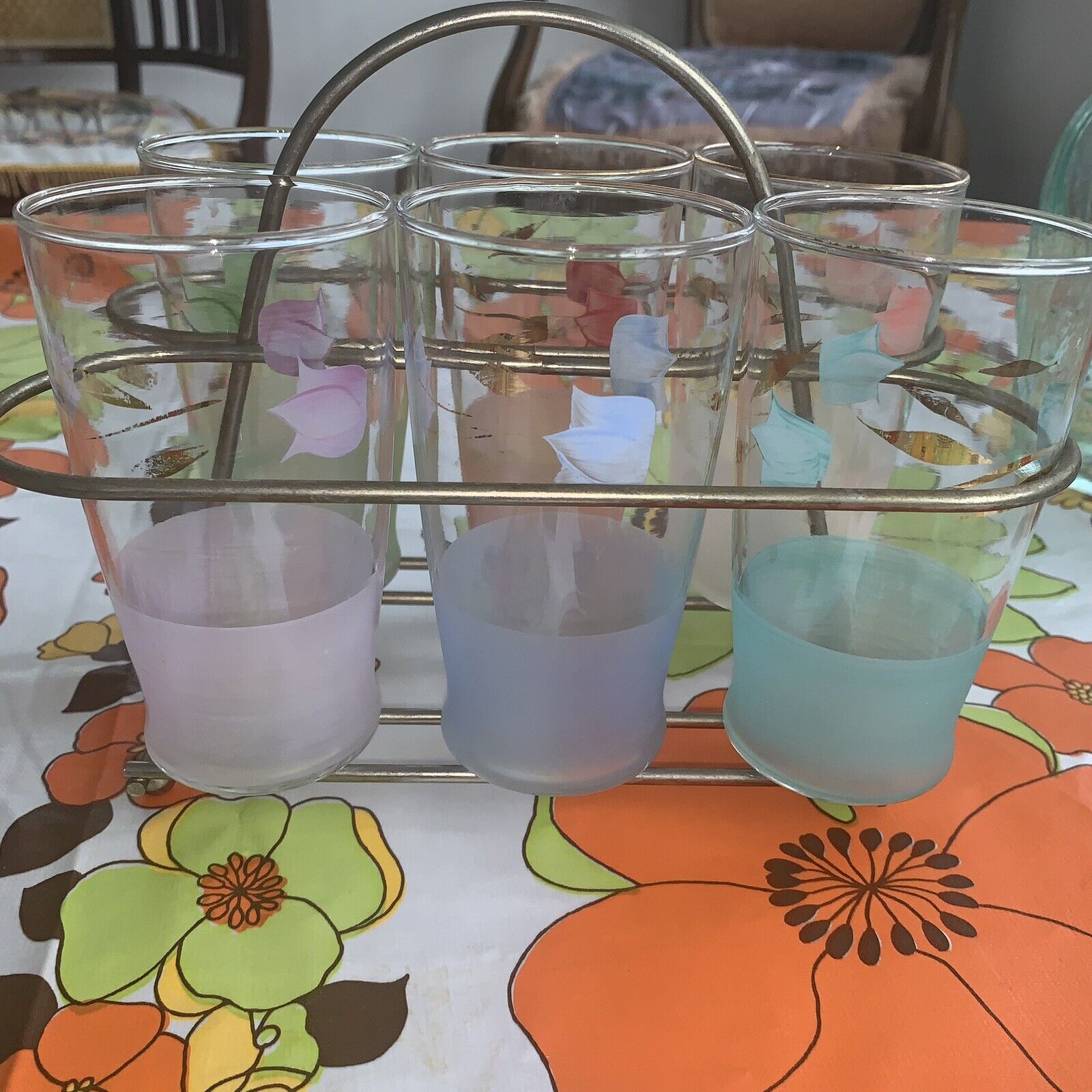Mid Century Vintage 60s 6 Glass Frosted Pastel Set With Carrying Caddy