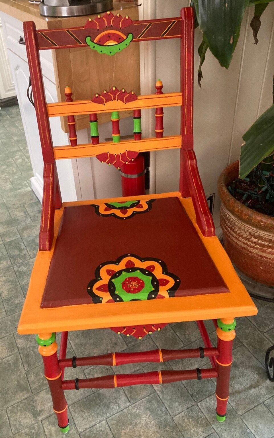 Hand Painted Antique Mexican Style Folk Art Chair