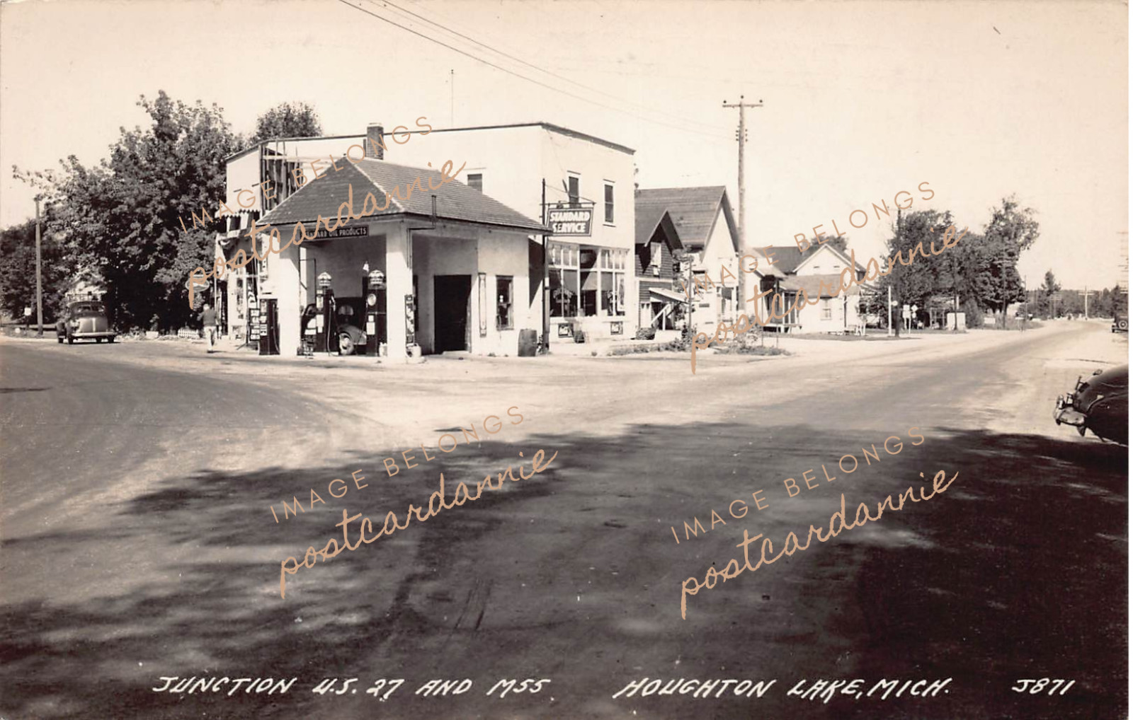 RPPC Houghton Lake MI Michigan Standard Gas Station Hwy 27 M55 Vtg Postcard C57