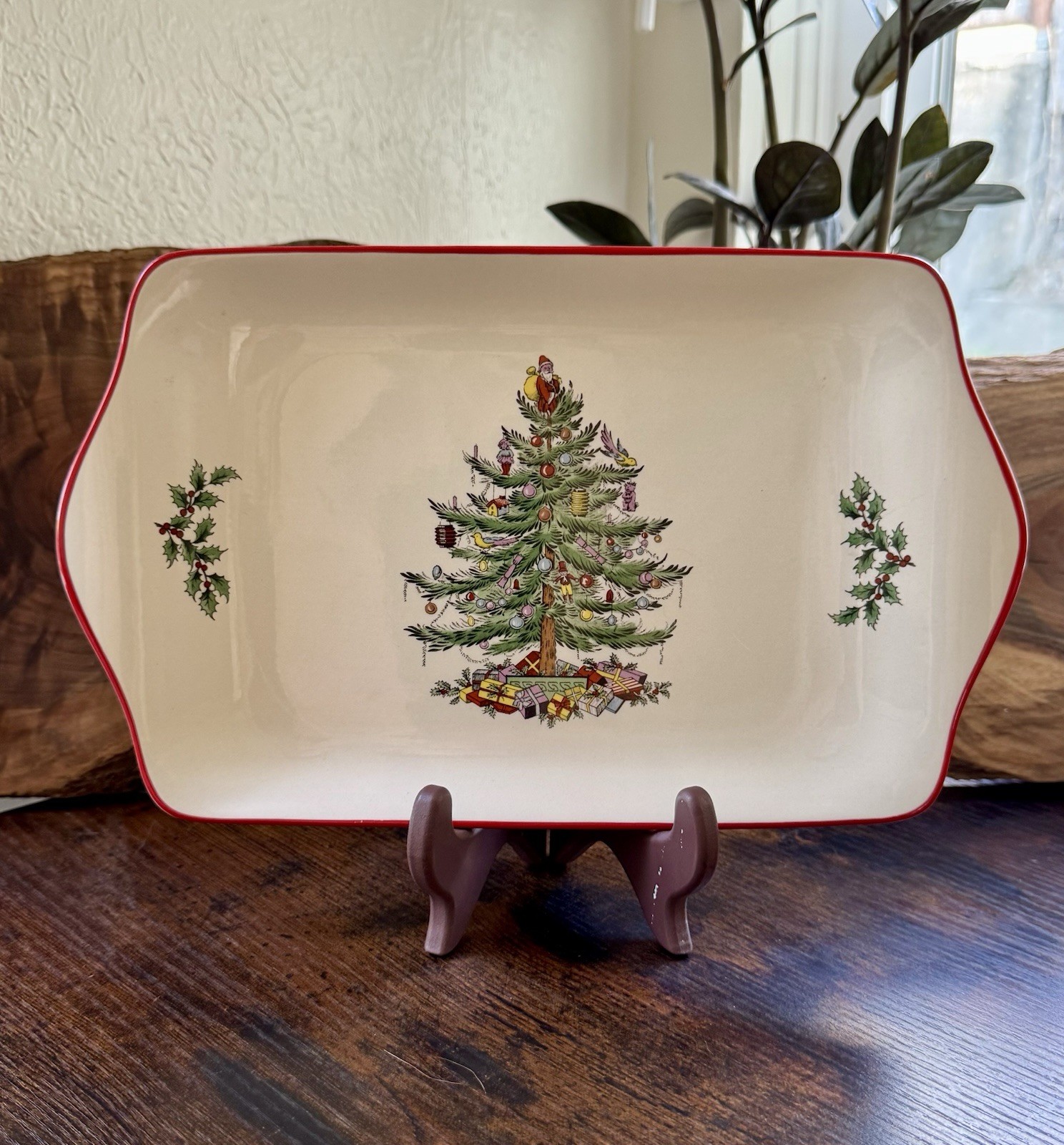 Spode Christmas Tree Serving Tray Red Trim Holiday Platter 11.75” England