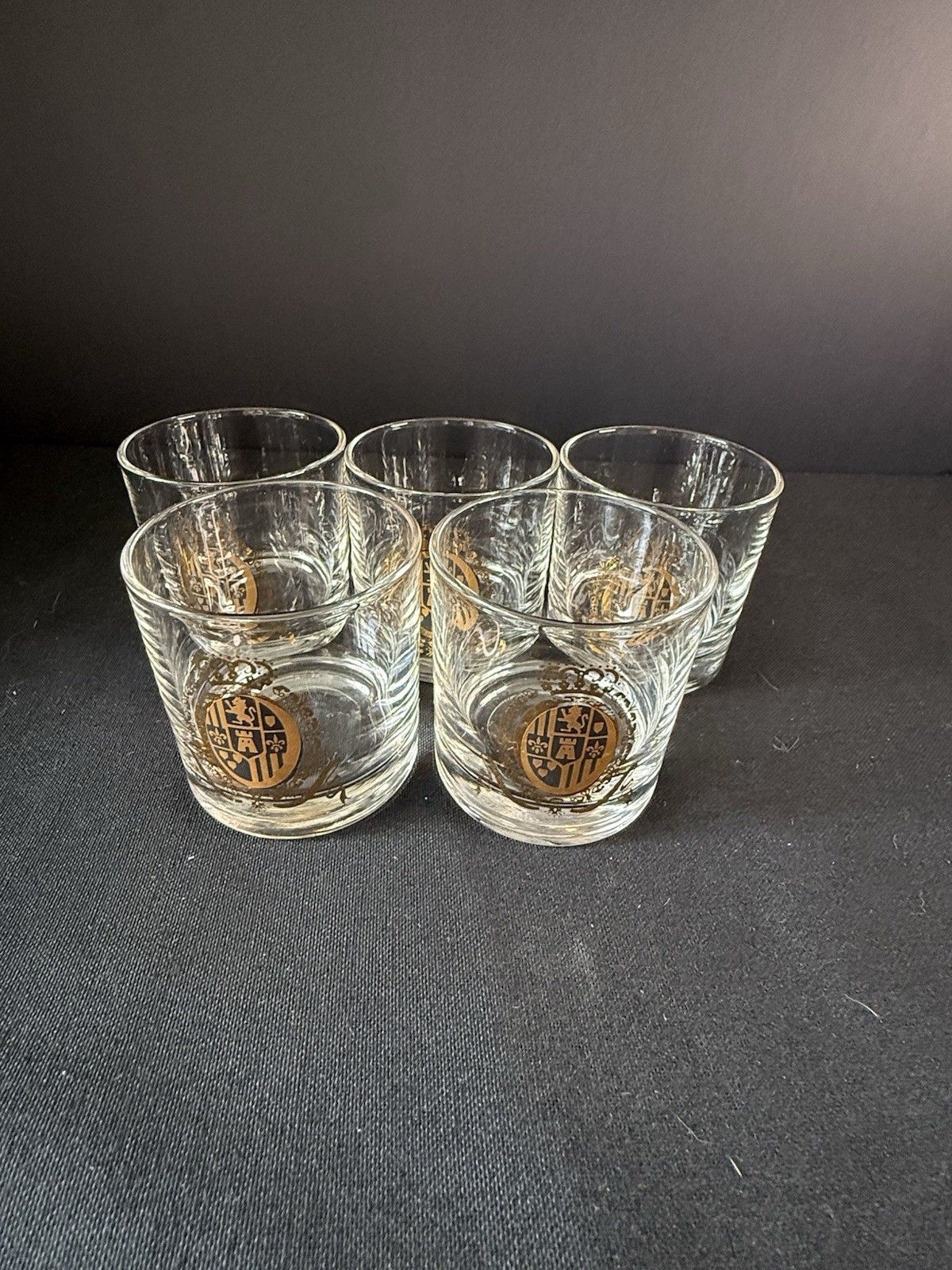 Vintage Federal Glass Baronet Lion Crest Cocktail Shot Glasses Gold Set of 5