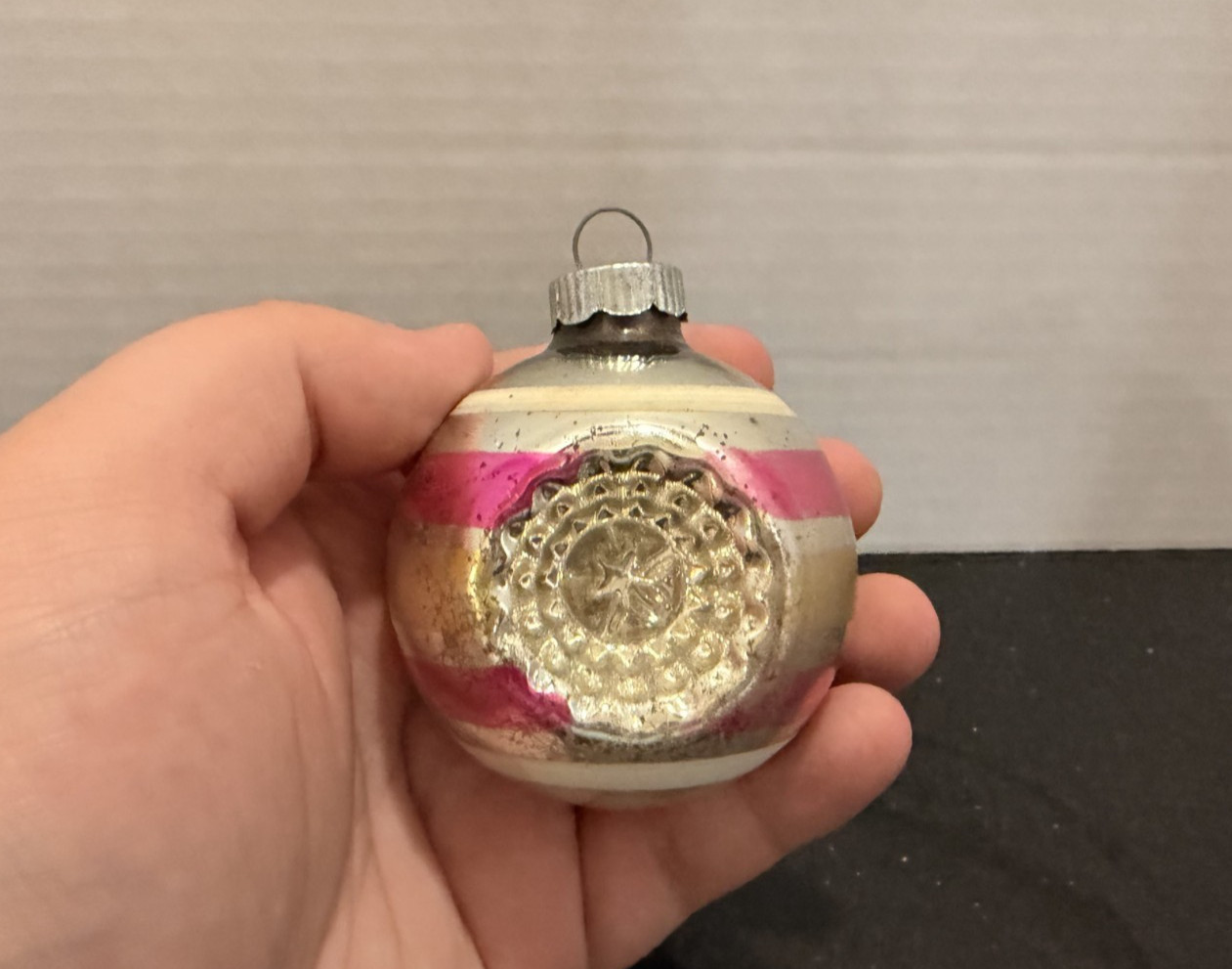 Vintage Shiny Double Indent Reflector Christmas ornament  pink USA Blown Glass