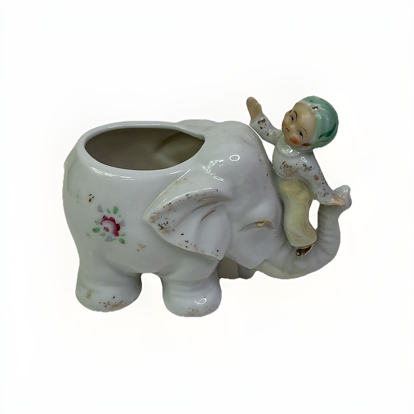 Vintage Small Porcelain Elephant Figurine Planter W/ Boy On Trunk JAPAN 3.5”Tall