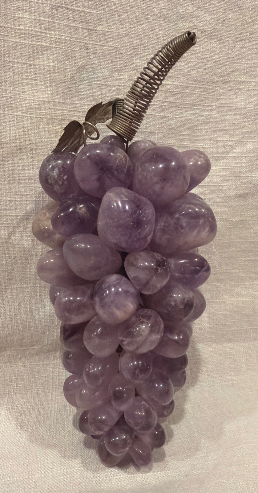 VTG Polished Amethyst Stone Purple Grape Cluster W/Metal Leaves ~ 970 gr, 7”x4”