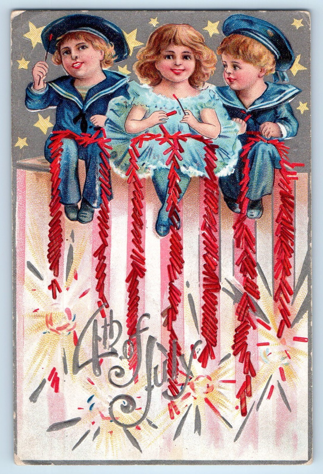 c1910\'s Fourth Of July Children Sailor Firecrackers Nash Embossed Postcard