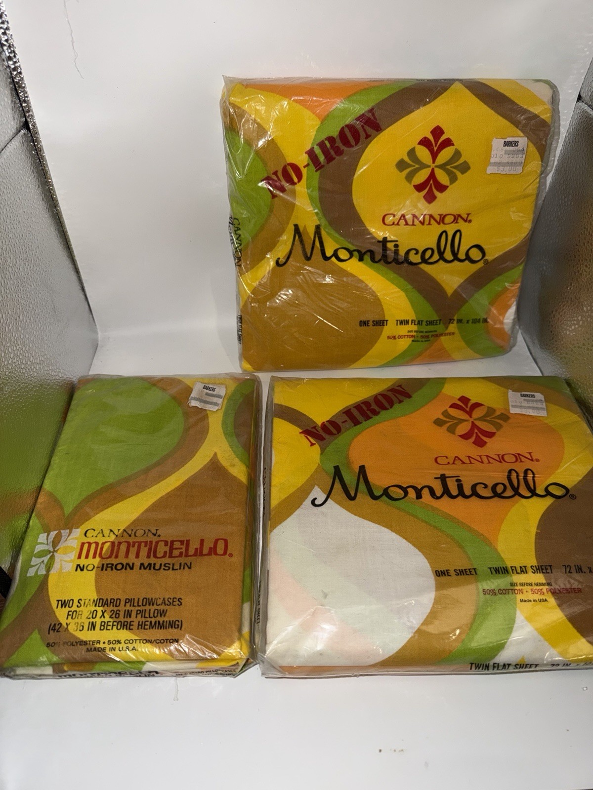 70s Cannon Monticello Morocco 2 Pillowcases , 2 Twin Flat Sheets Groovy Retro