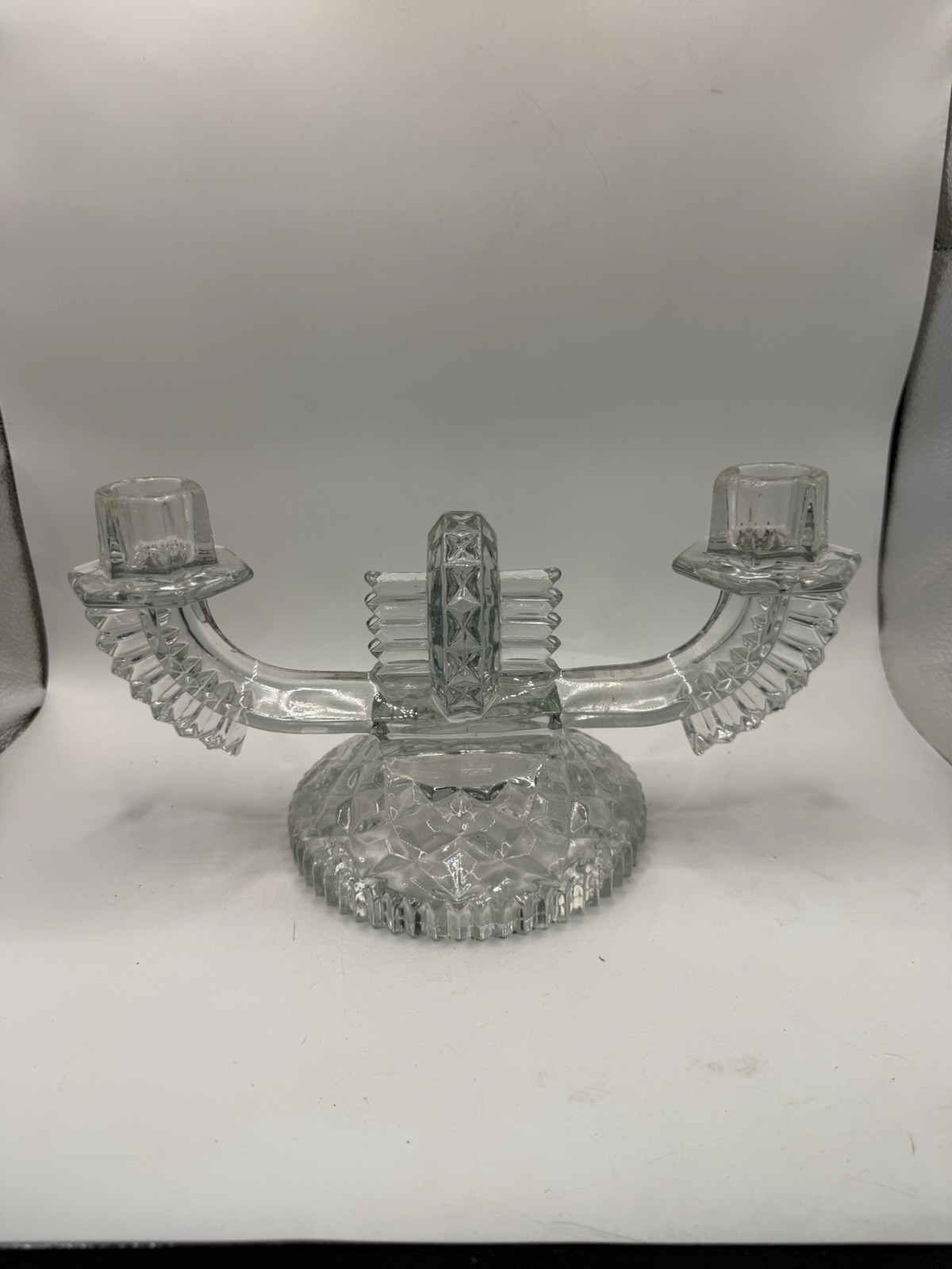 Vintage Clear Pressed Glass Double Arm Candelabra Candle Holder Art Deco Style *