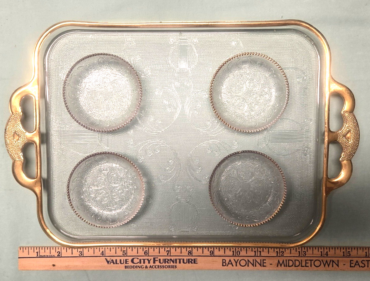 1950\'s Jeannette Glass Harp Rectangular Serving Tray and 4 matching coasters