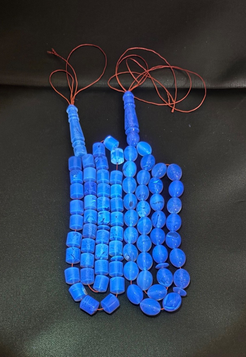 2 pcs Blue Sumatra Amber Tasbih — 33 Beads Each, Olive & Barrel Shape — Natural