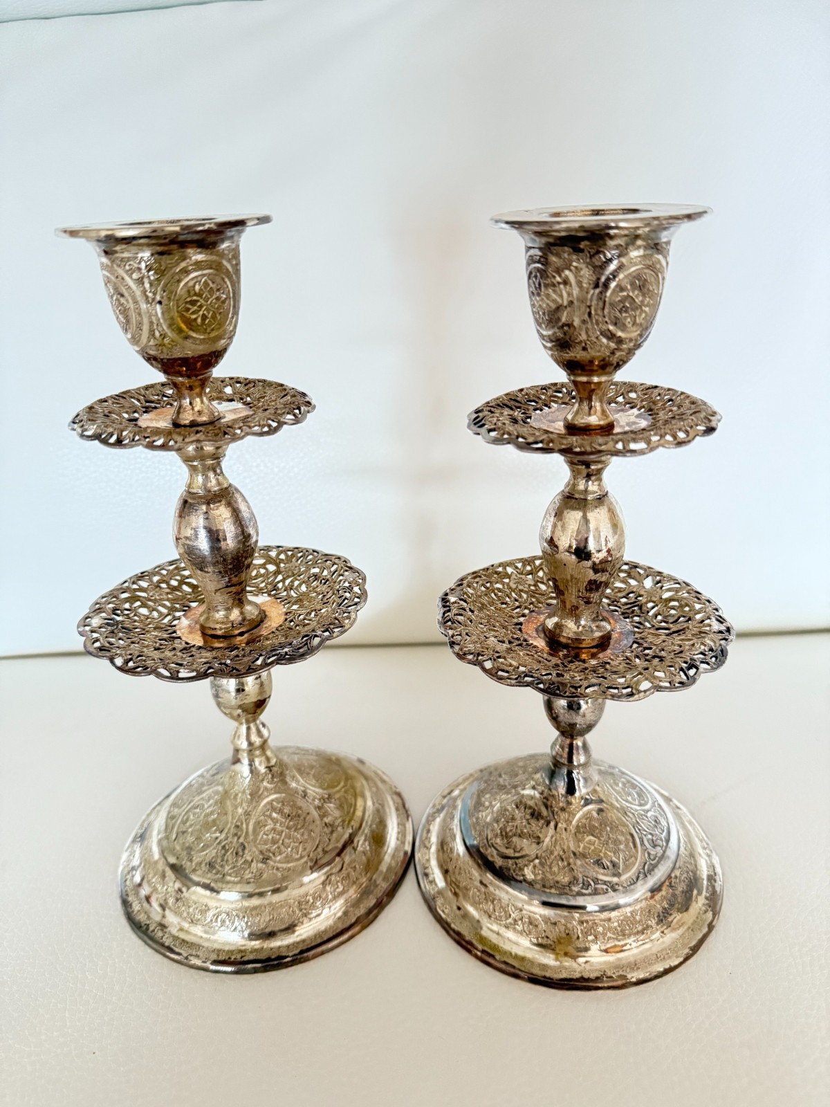 VINTAGE PAIR SILVER TONE FILIGREE CANDLESTICKS MIDDLE EASTERN STYLE