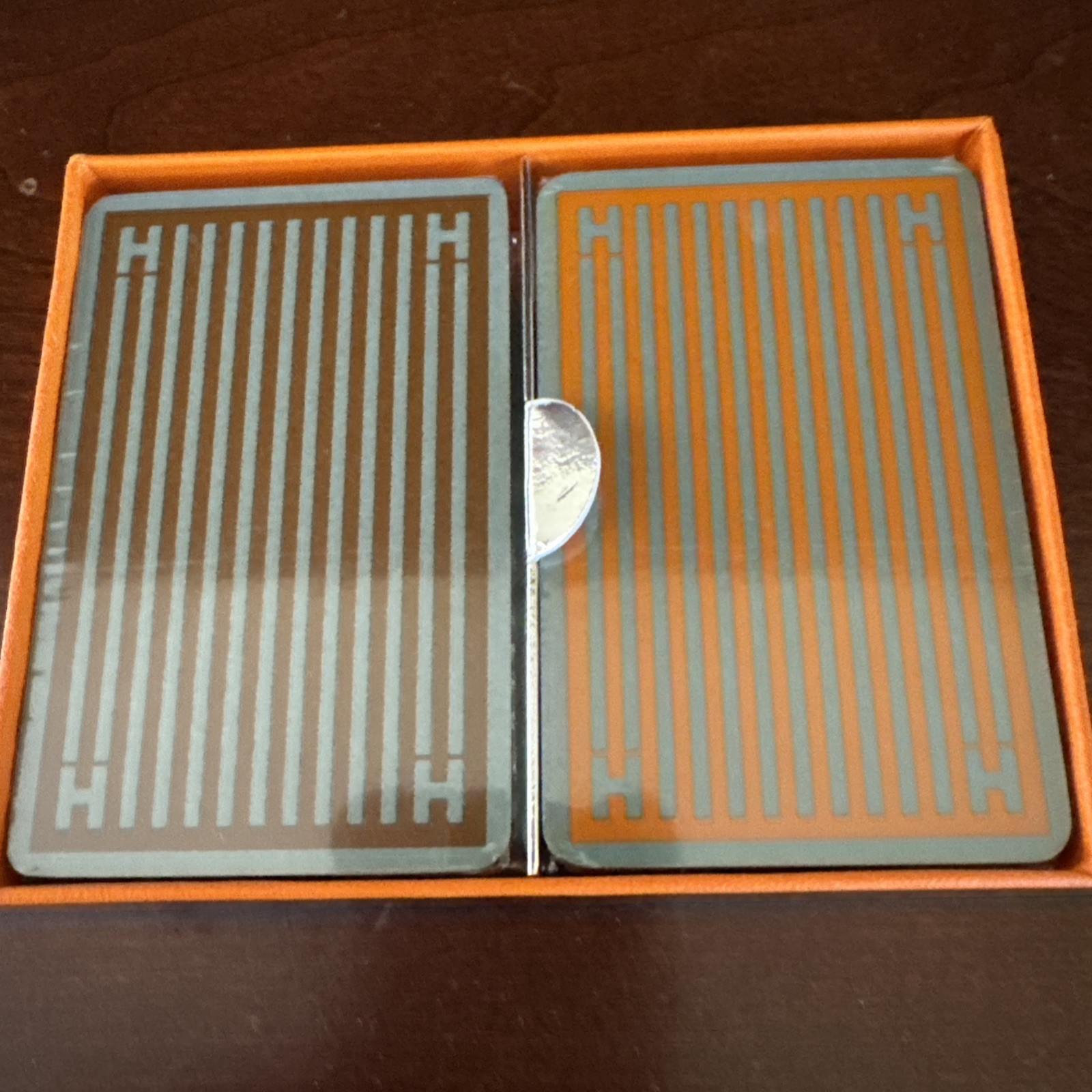 HERMES 2 deck of playing cards Striped pattern Silver Edge Mini Brand New in Box