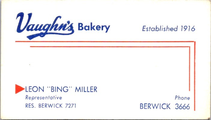 Vaughn's Bakery Business Card c. Berwick Exchange Leon Miller 1916 Blue Red