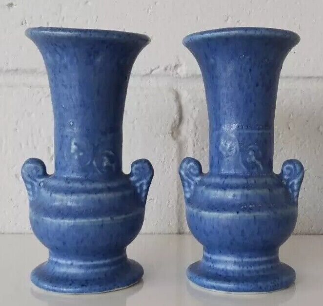 PAIR OF UNIDENTIFIED AMERICAN ART POTTERY BLUE GLAZE BUD VASES