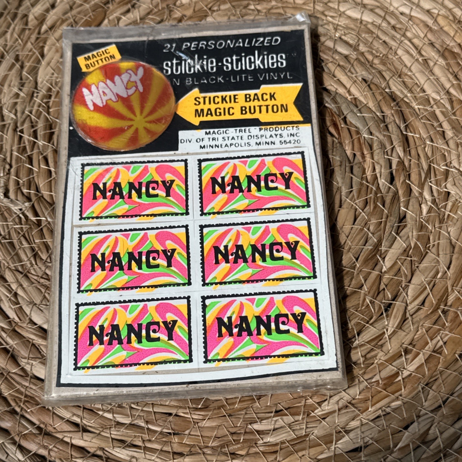 Vintage Blacklight Stickers “NANCY” 1960s  Vinyl Flowers Green GIFT Psychedelic