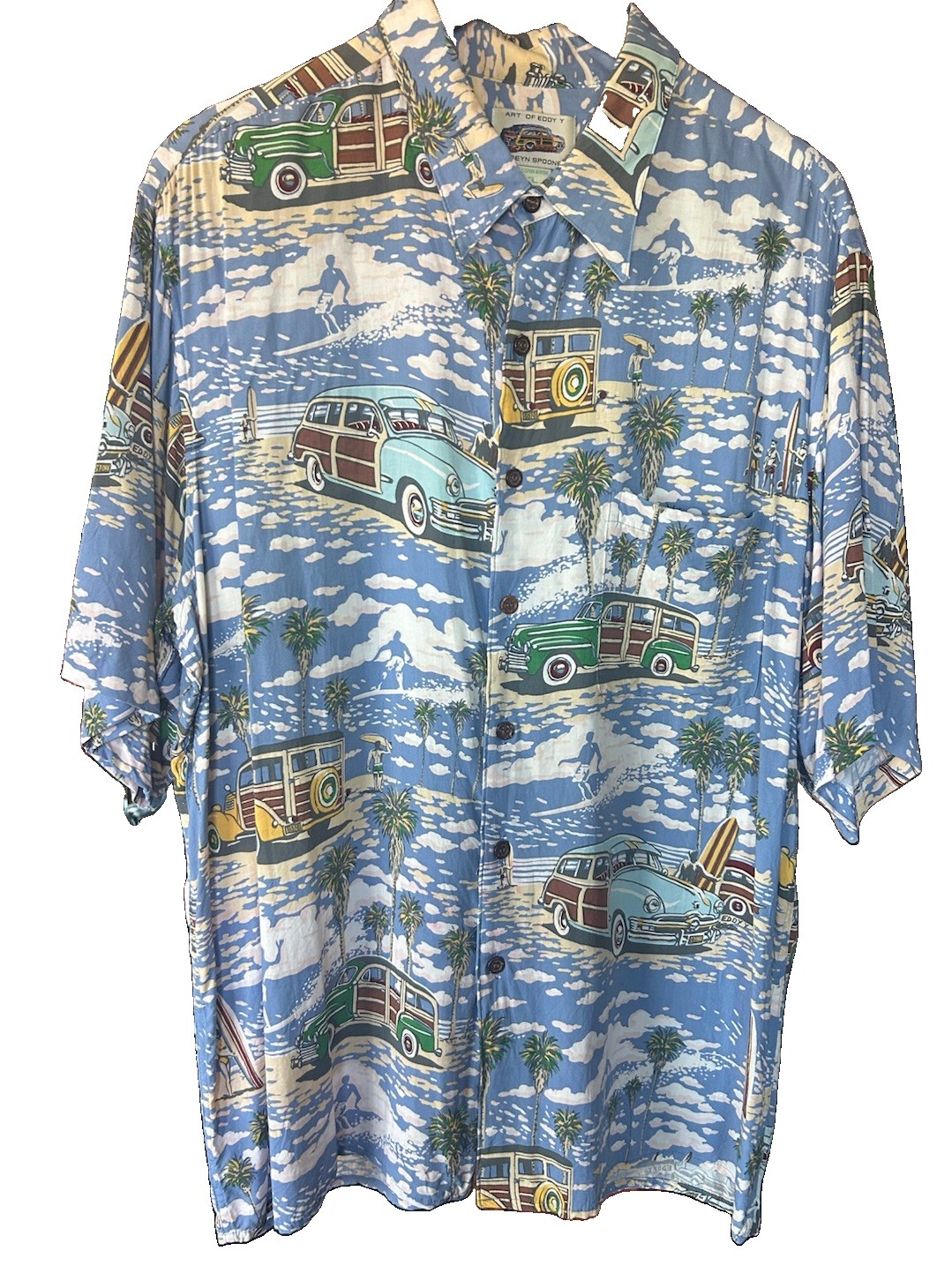 Vintage Reyn Spooner Shirt Men Medium Art Eddy XL Hawaiian Rayon Woody Car Surf