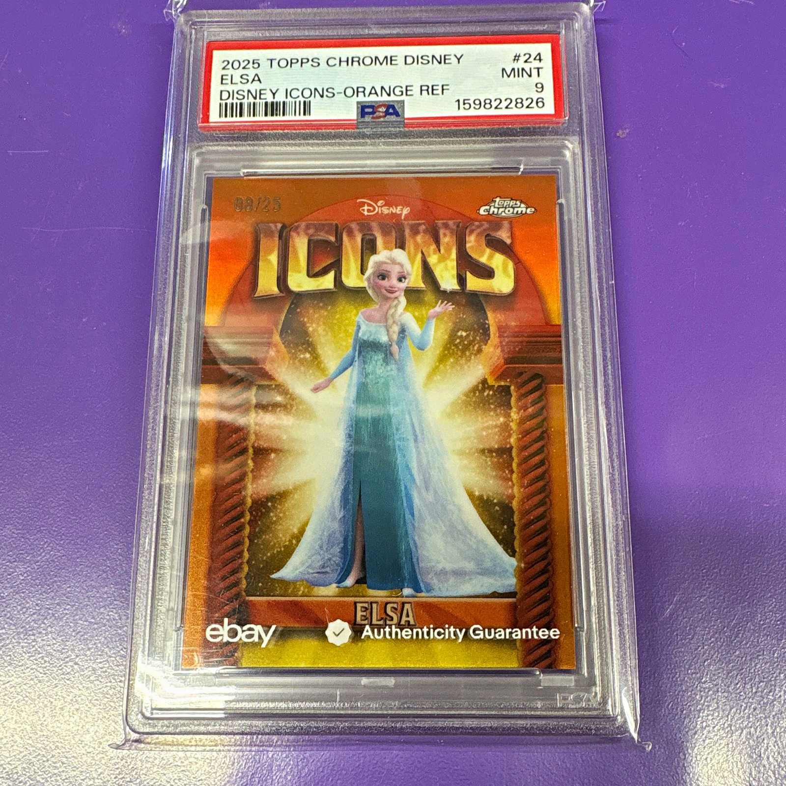 Topps 2025 Topps Chrome Disney Icons Elsa #24 Orange Refractor 08/25 PSA 9