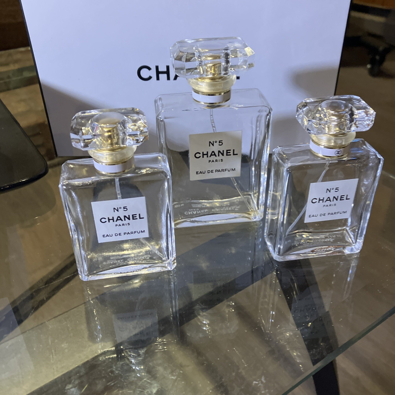 Vintage Chanel # 5 Perfume Set 3 Glass Bottles w/Box