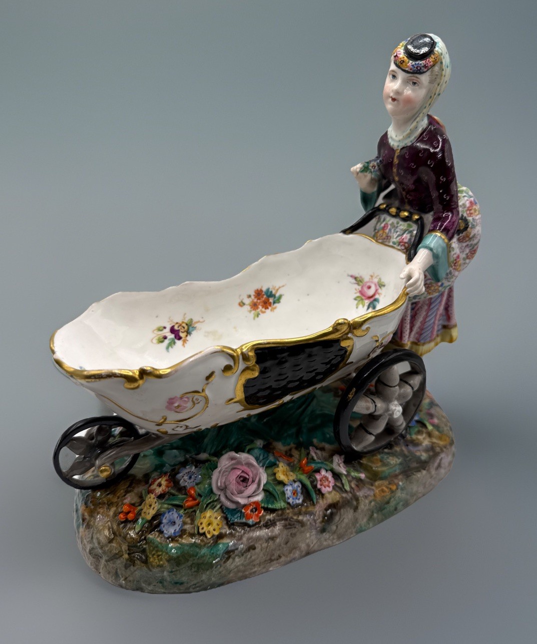Antique 1880-90 Hand Painted Sitzendorf Porcelain Figure Flowers Wheel Barrow