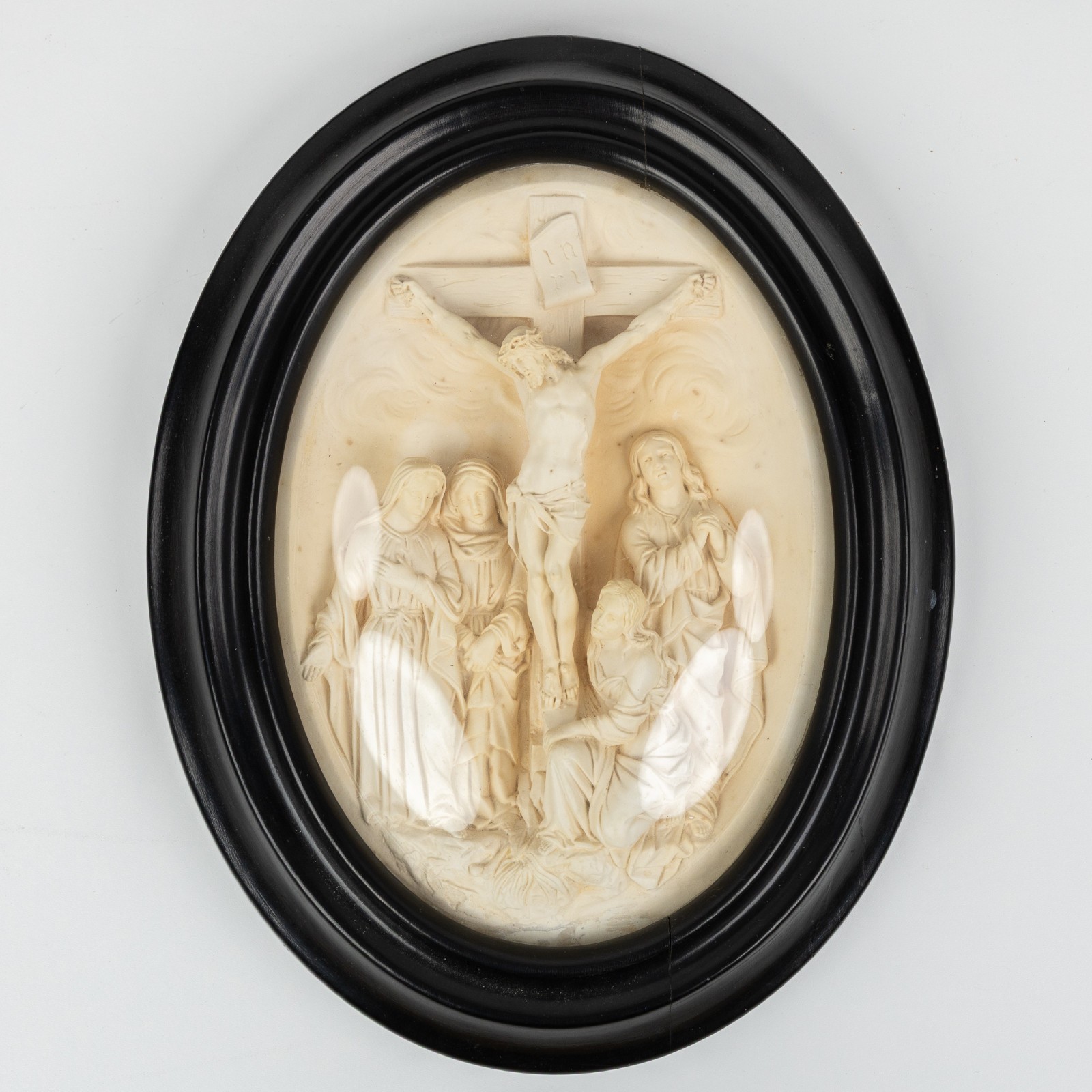 Antique chalk bas relief 3 marys john the baptist christ cross crucifix plaque