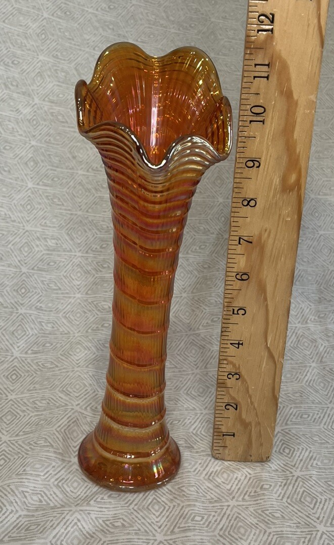 Vintage Imperial Marigold Carnival Glass Ripple Fluted Swirl Vase