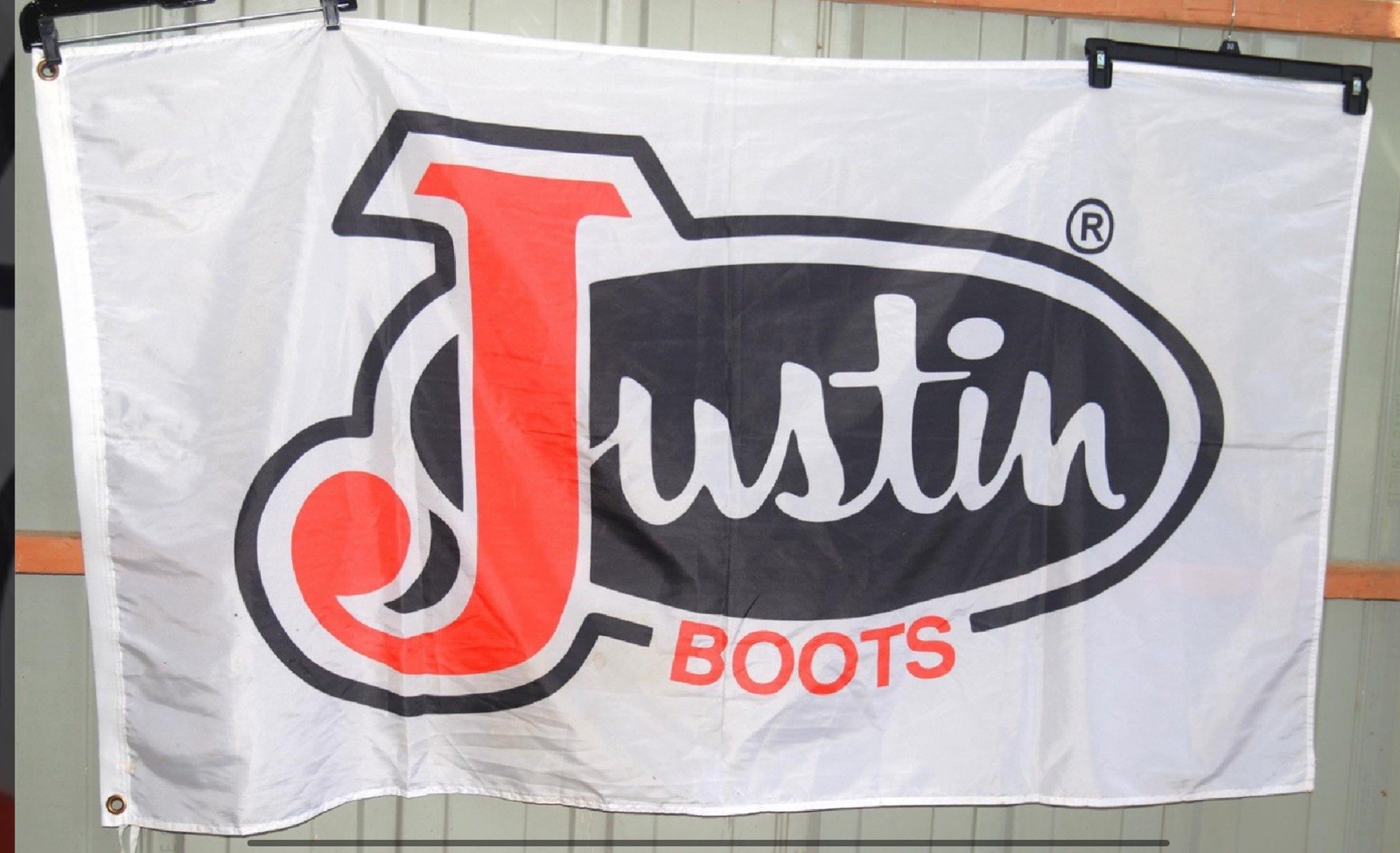 Rare Justin Boots White Banner Flag (61”L x 34”T) Advertisement Rare Justin Boots White Banner Flag (61”L x 34”T) Advertisement