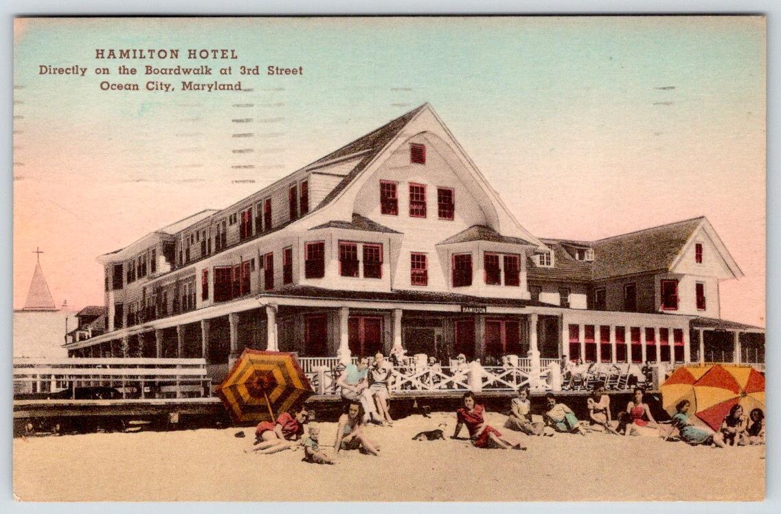 1951 OCEAN CITY MD HAMILTON HOTEL BOARDWALK & 3rd STREET HANDCOLORED POSTCARD