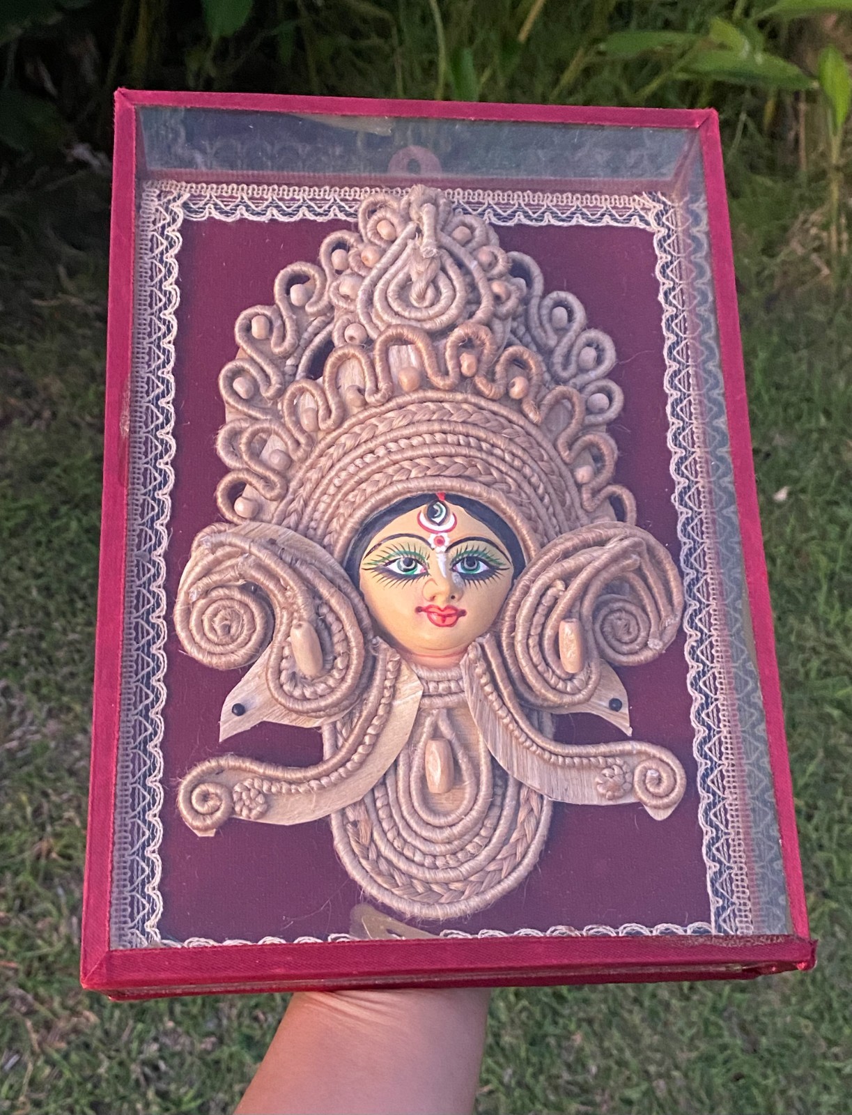 Vintage Handcrafted Bengal Hindu Goddess Durga Maa Clay Jute Wall Hanging Art