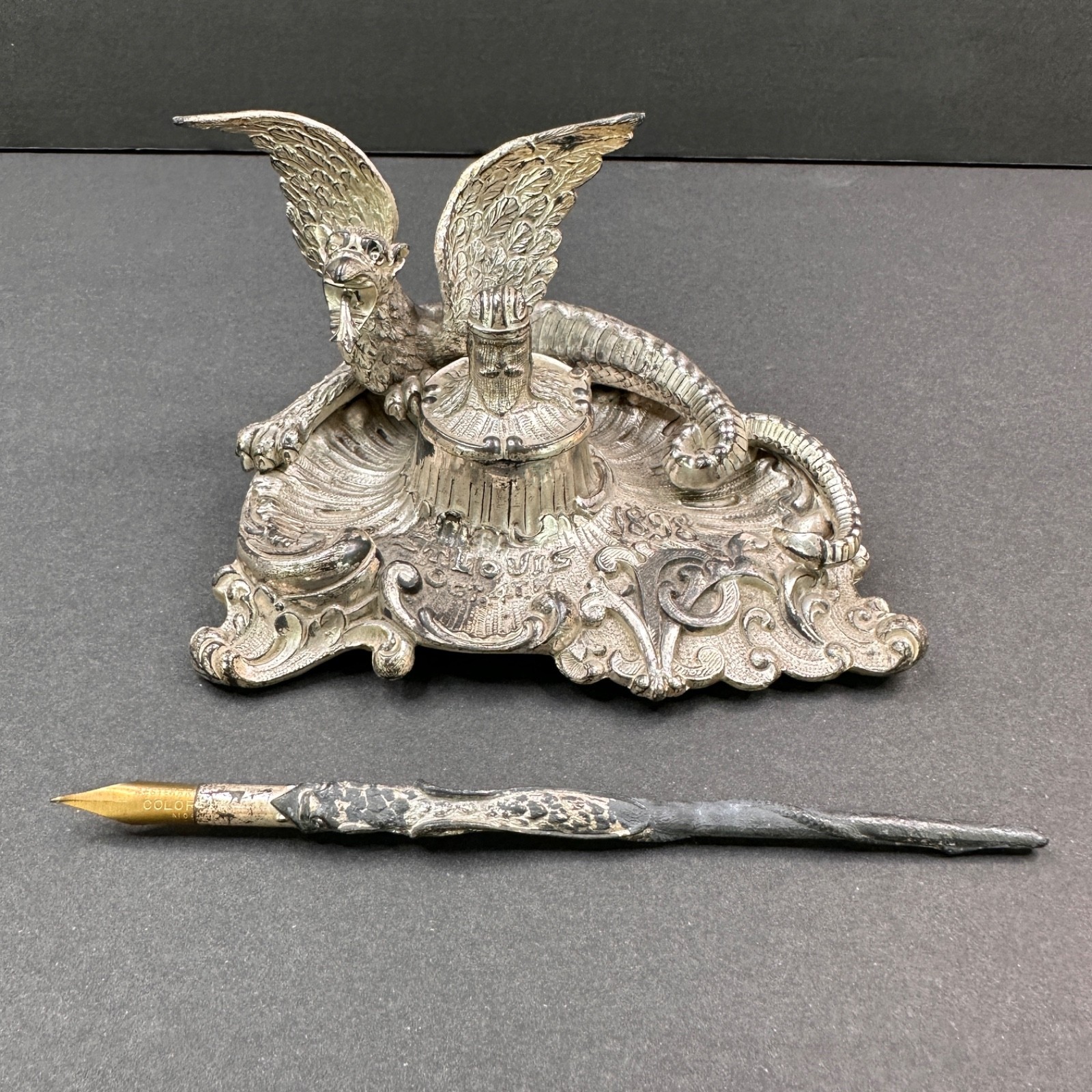 Antique 1898 St. Louis Veiled Prophet VP Dragon Like Inkwell and Pen VHTF