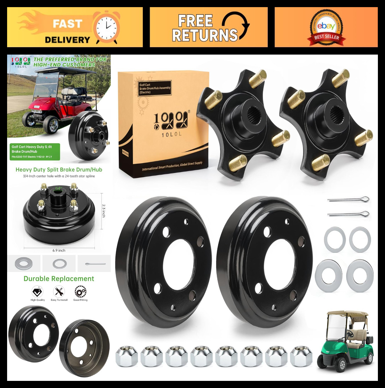 10L0L Golf Cart Heavy Duty Split Brake Drum and Rear Wheel Hub Assembly for EZGO