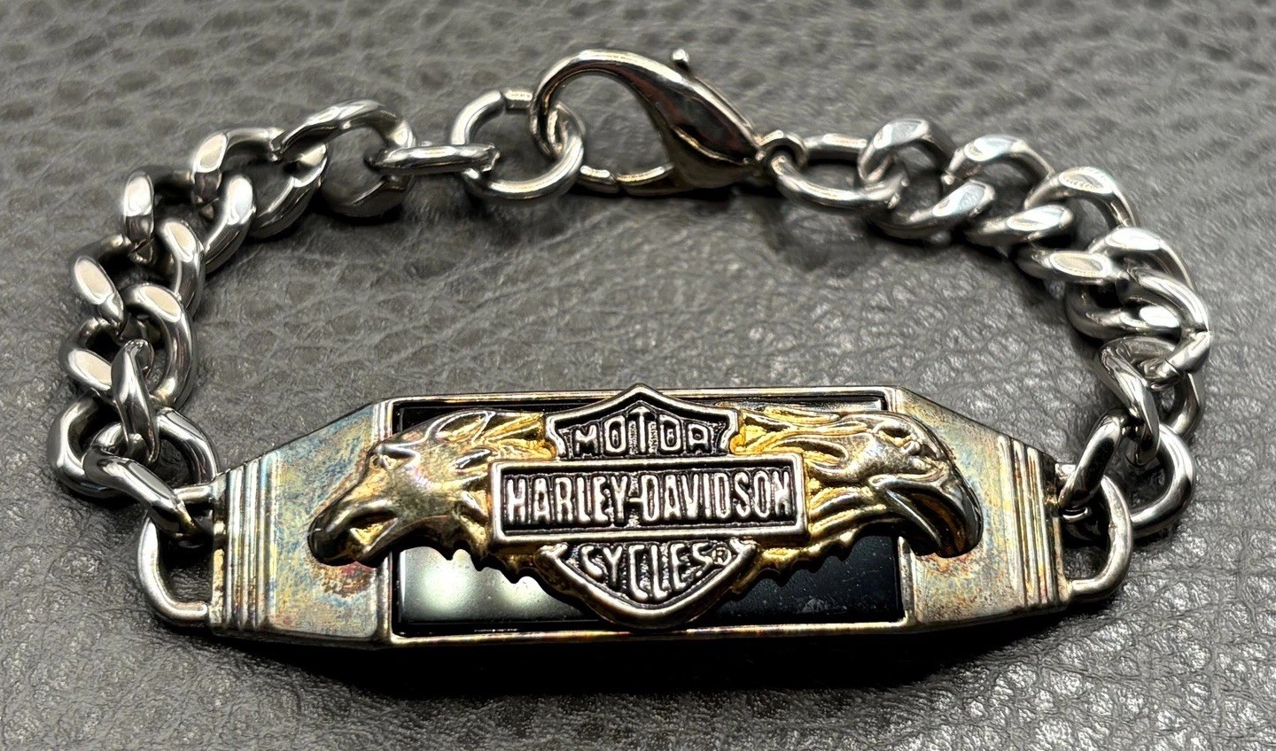 VTG 2002 Harley Davidson Motor Cycles Enamel Eagle Curb Thick Chain Bracelet