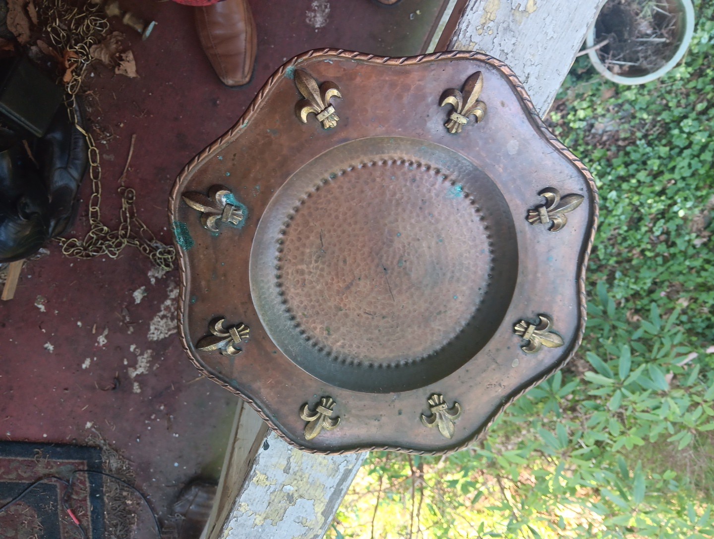 Antique Maudoux Dinant Belgian Hammered Coper Fleur De Lis Plate