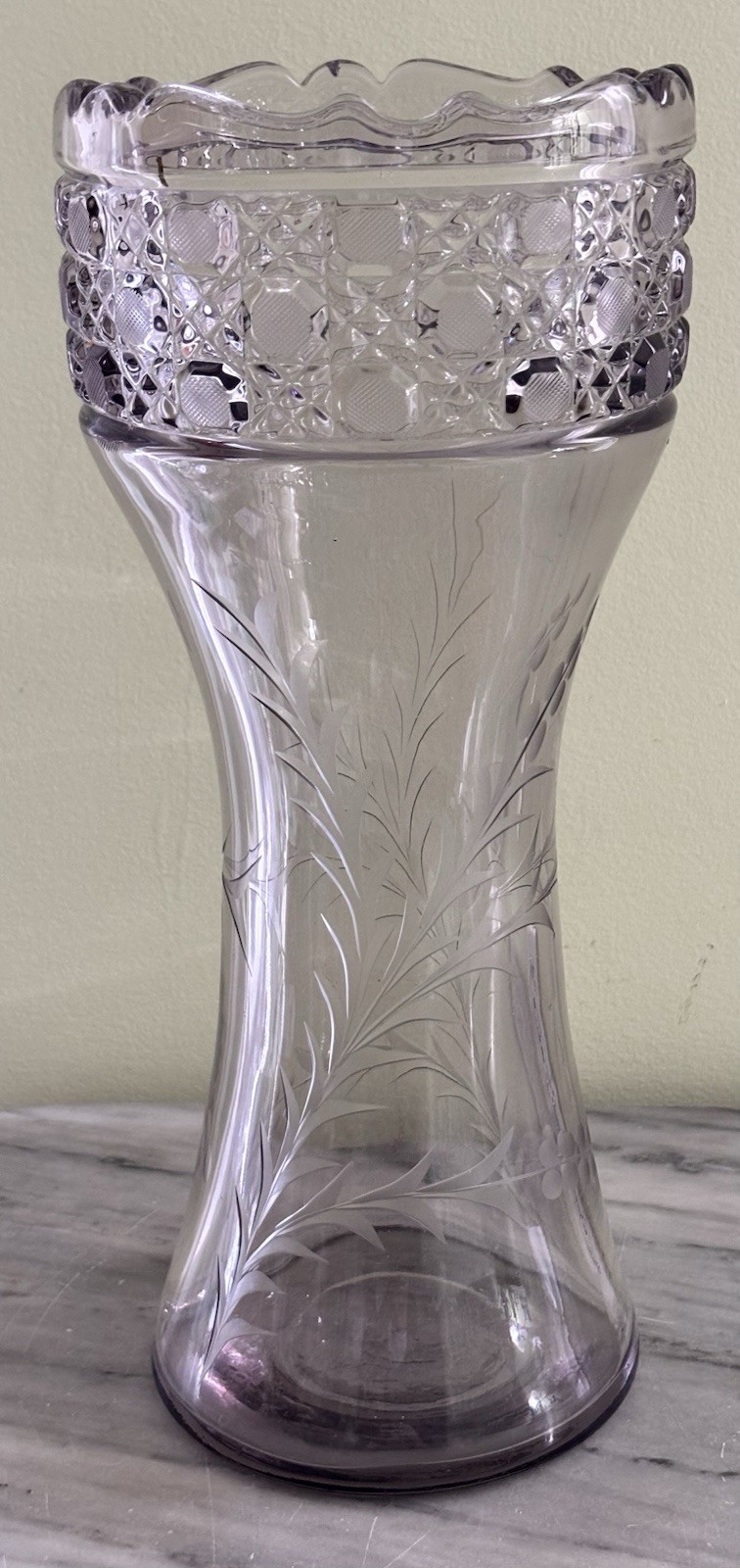 Large Antique Heavy Sun Purple Glass Vase  With Etching 12” Tall
