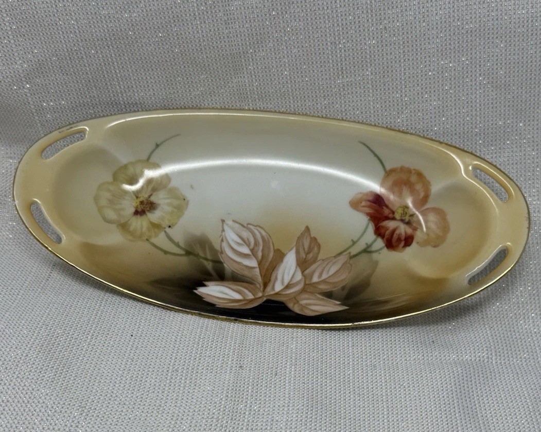 Vintage RS Germany Hand Painted Floral Handled Porcelain Dish Gold Rim
